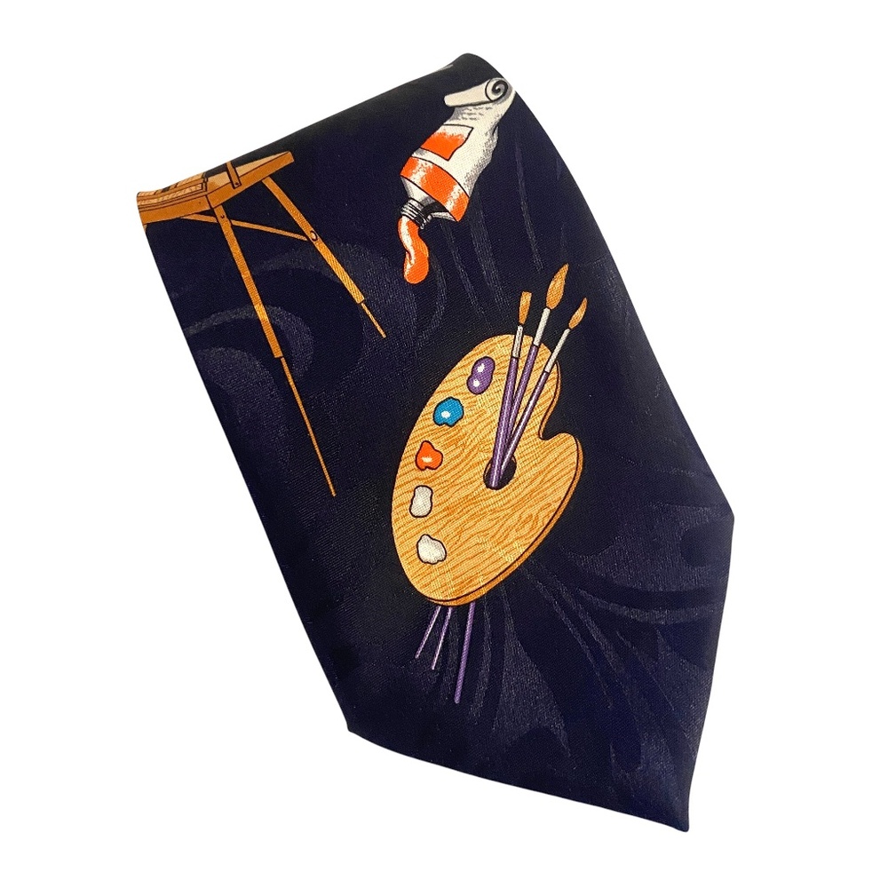 Artist Necktie A. Rogers Paint Art Navy Blue Jaquard Vintage Retro Menswear